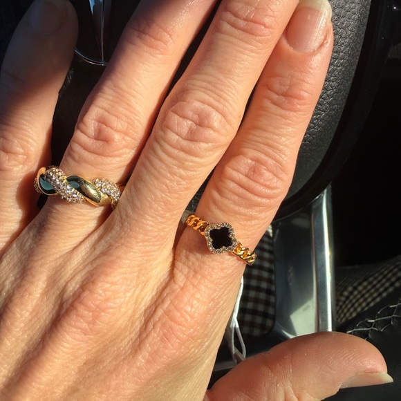 NWT Rachel Zoe 18k Gold Plated 925 Sterling Silver Black Onyx Clover Ring size 8 - Picture 5 of 8